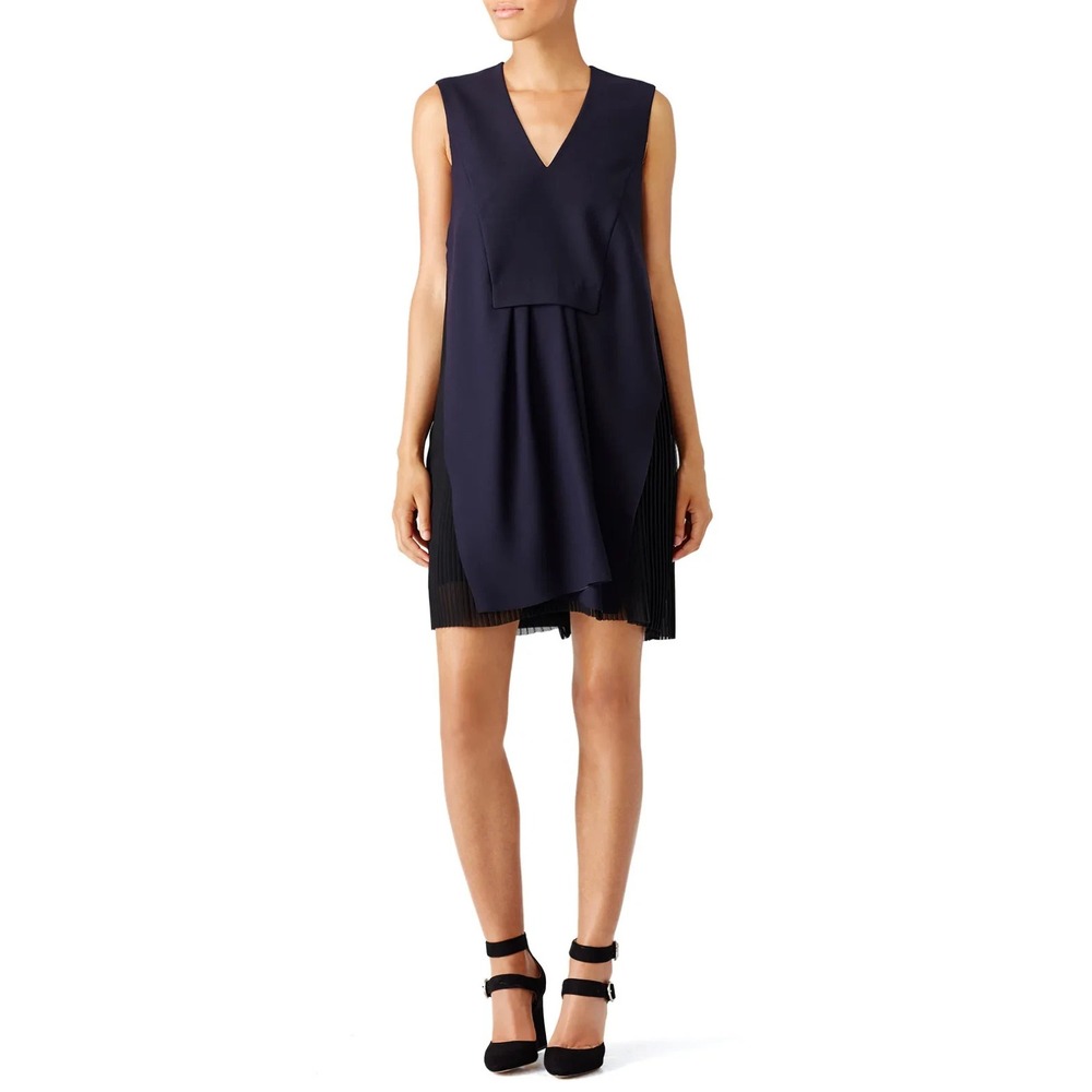 Carven V Neck Crepe Dress Blue Marine Schoolboy Pleated Layered Sleeveless 38 6